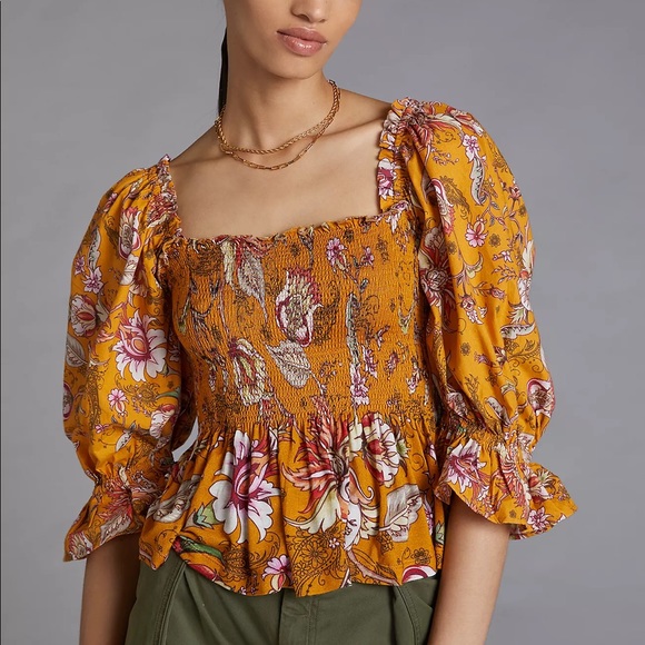 Anthropologie smocked Sweetheart Blouse Yellow Motif (consistently Apply) - Picture 2 of 15